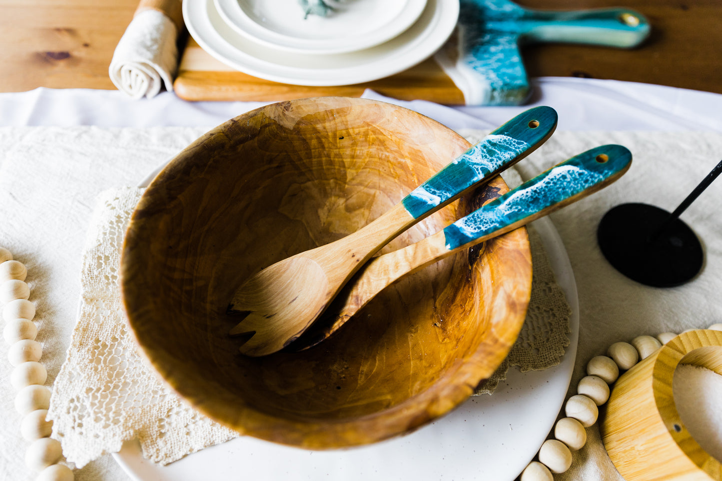 Resin Wave Olive Wood salad servers